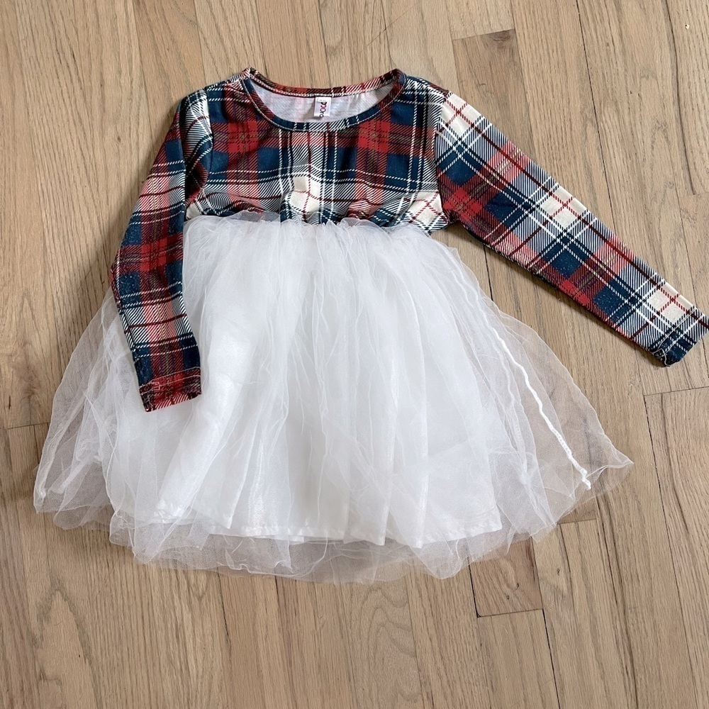 Toddler Girl Holiday Plaid and White Tulle Dress with Long Sleeves size 18 month